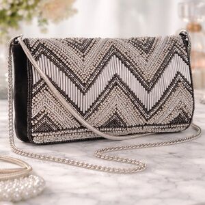 H&M Beaded Chevron Clutch / Crossbody Bag – Black & Silver Chain Strap NWT